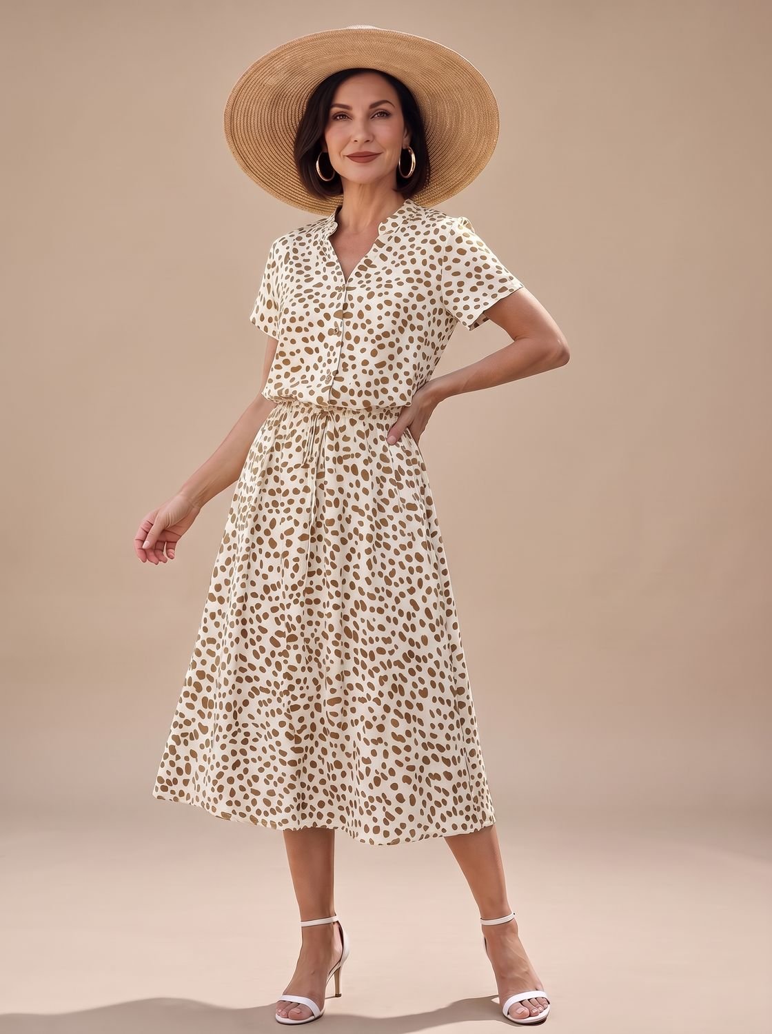 Women's Printed Short-Sleeve Button-Front Belted Midi Dress - White