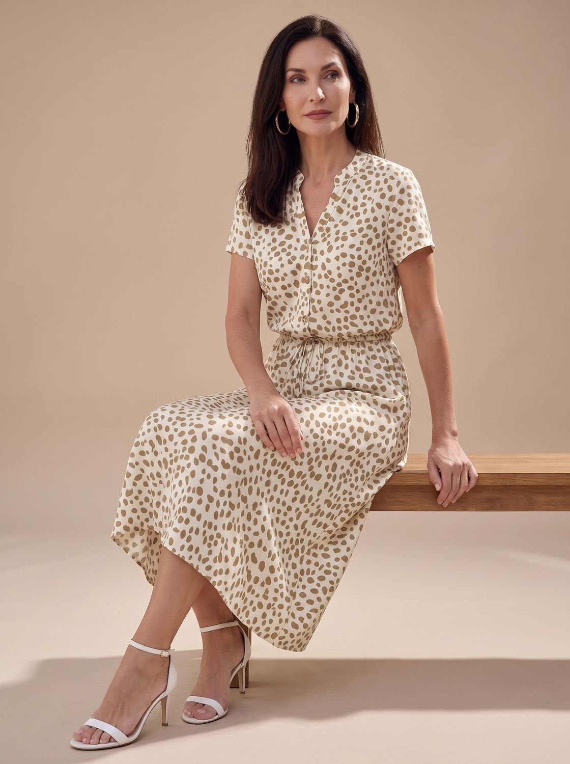 Women's Printed Short-Sleeve Button-Front Belted Midi Dress