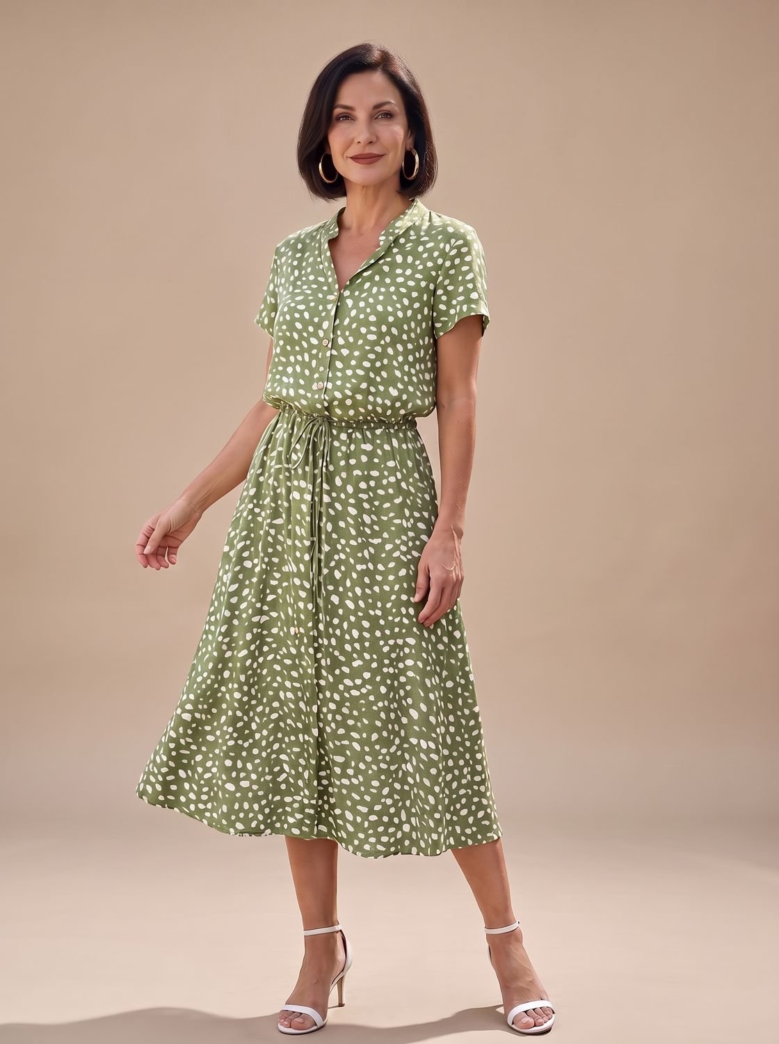 Women's Printed Short-Sleeve Button-Front Belted Midi Dress