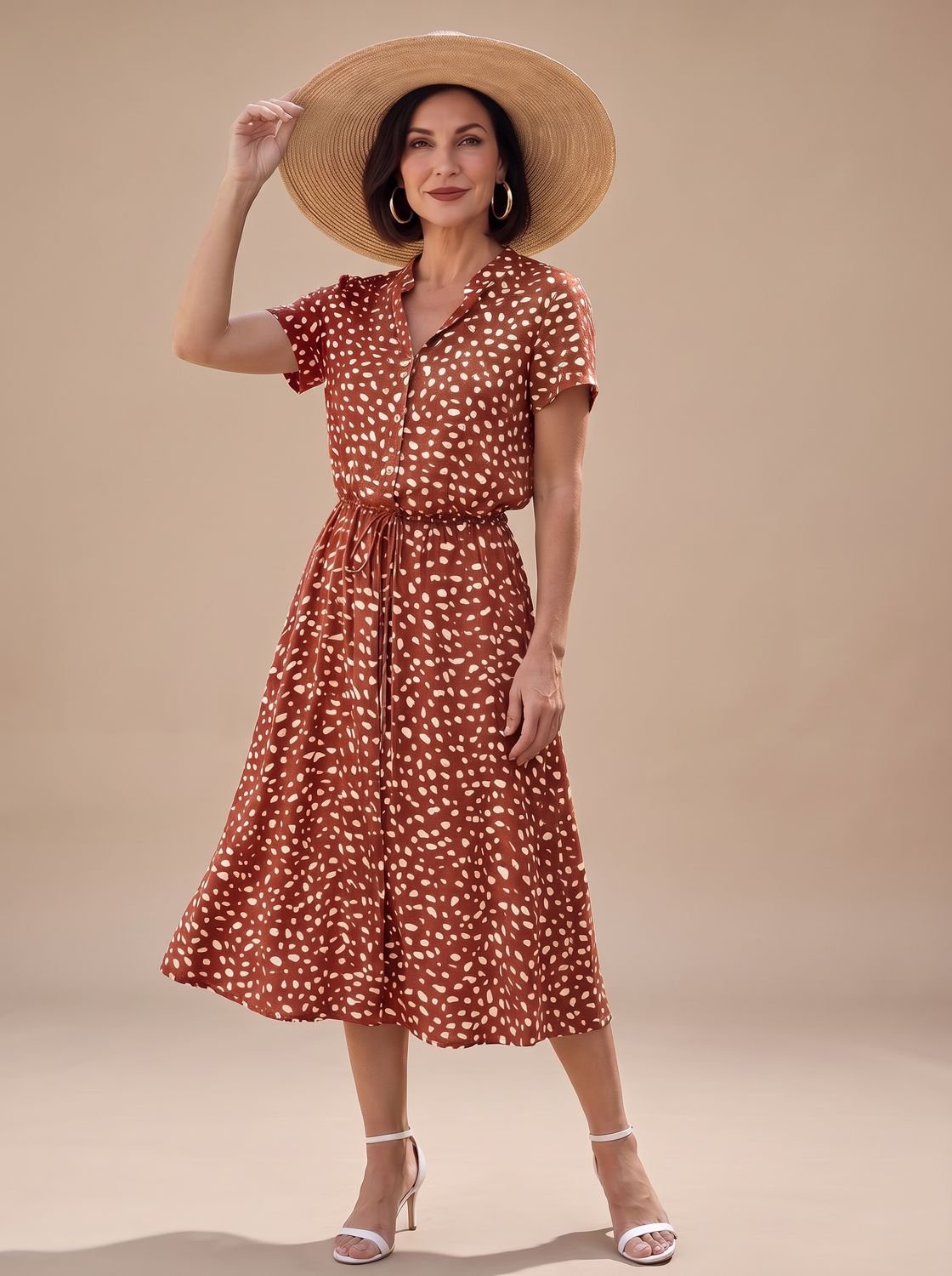 Women's Printed Short-Sleeve Button-Front Belted Midi Dress - Red