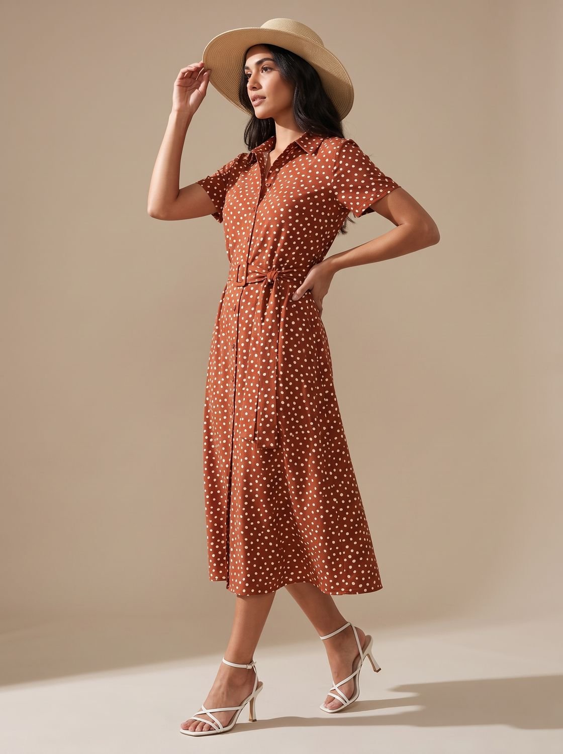 Women's Printed Short-Sleeve Button-Front Belted Midi Dress
