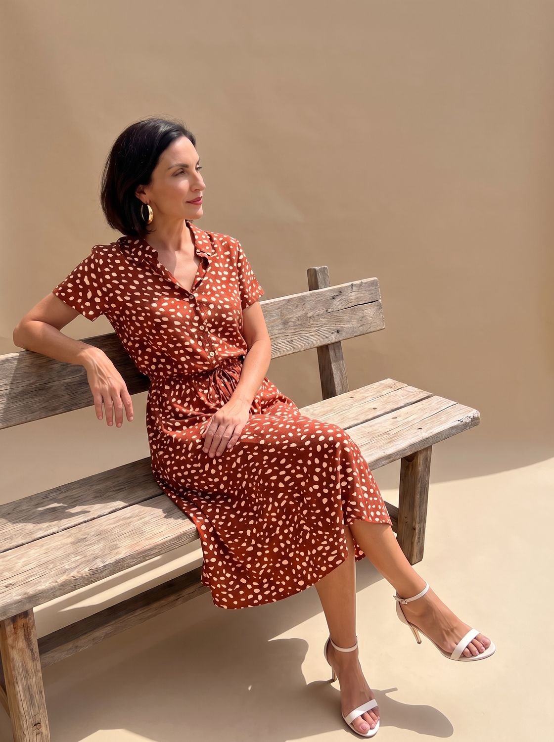 Women's Printed Short-Sleeve Button-Front Belted Midi Dress
