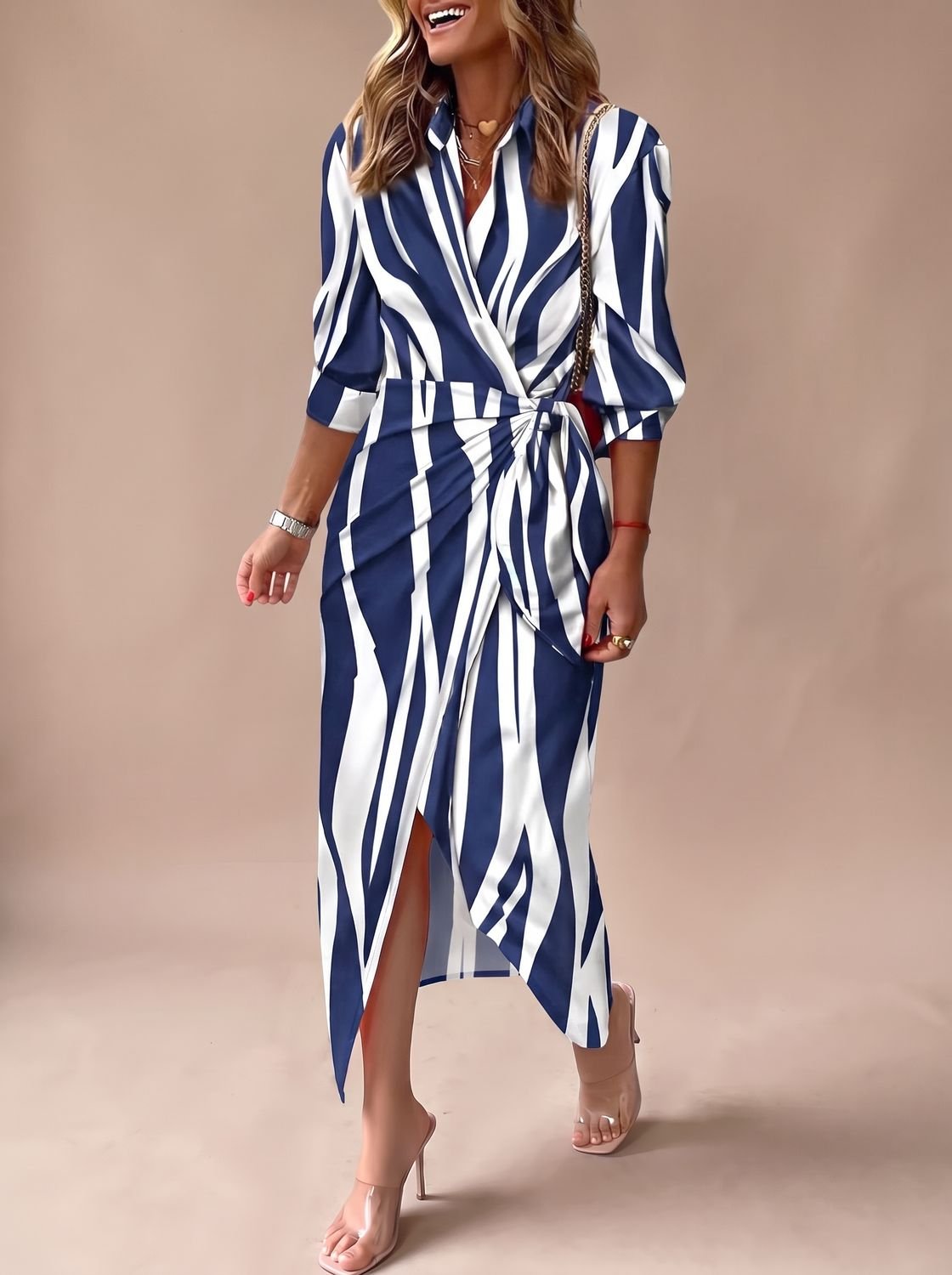 Women's Printed Wrap Midi Dress Collared Long-Sleeve Tie Waist - Blue