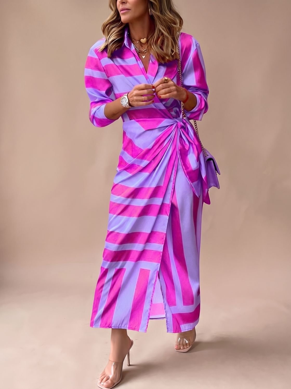 Women's Printed Wrap Midi Dress Collared Long-Sleeve Tie Waist - Purple
