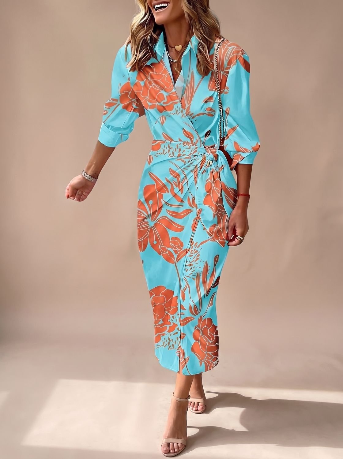 Women's Printed Wrap Midi Dress Collared Long-Sleeve Tie Waist - Turquoise