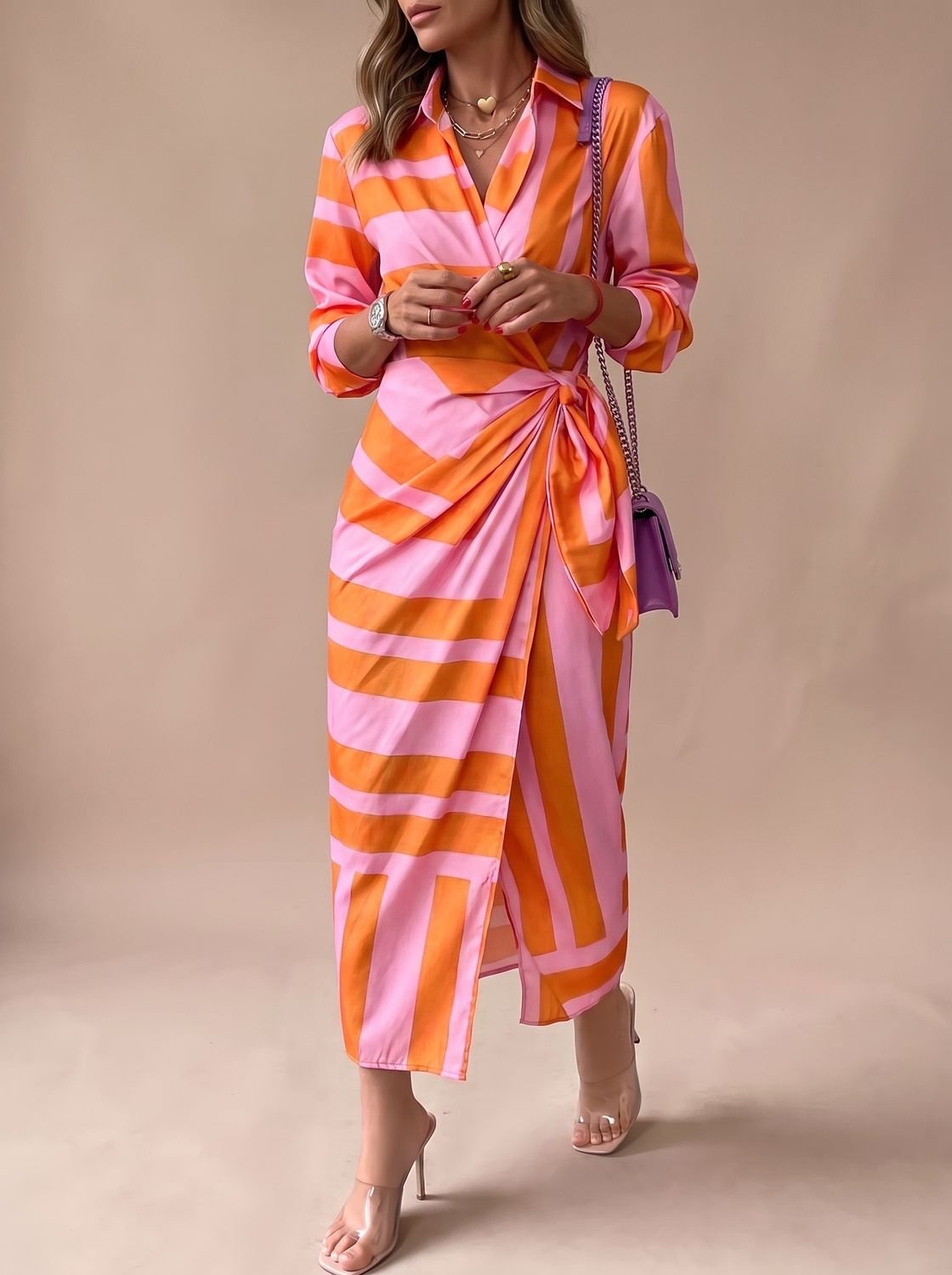 Women's Printed Wrap Midi Dress Collared Long-Sleeve Tie Waist