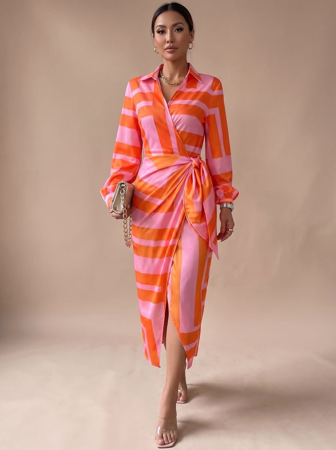 Women's Printed Wrap Midi Dress Collared Long-Sleeve Tie Waist