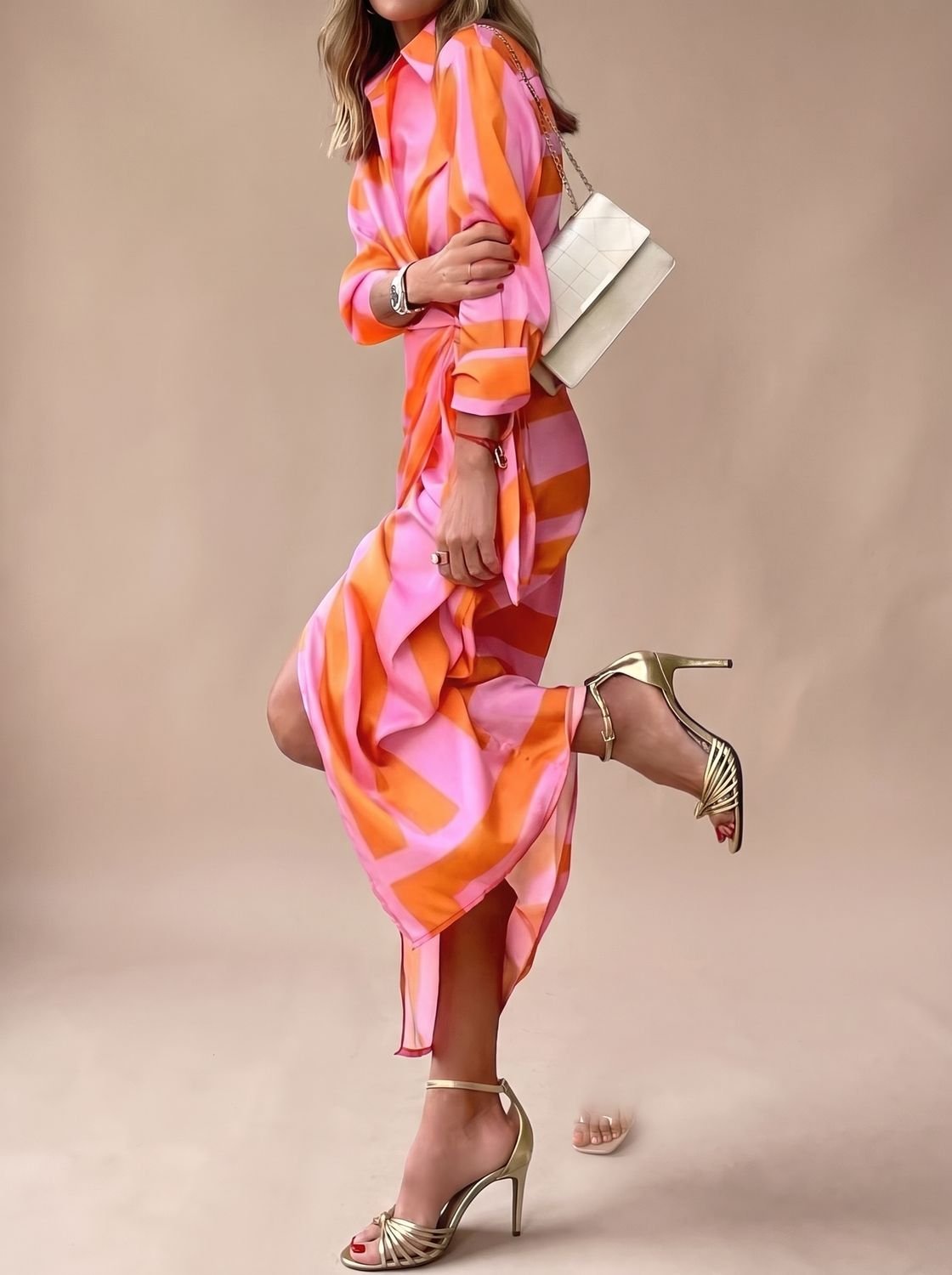 Women's Printed Wrap Midi Dress Collared Long-Sleeve Tie Waist