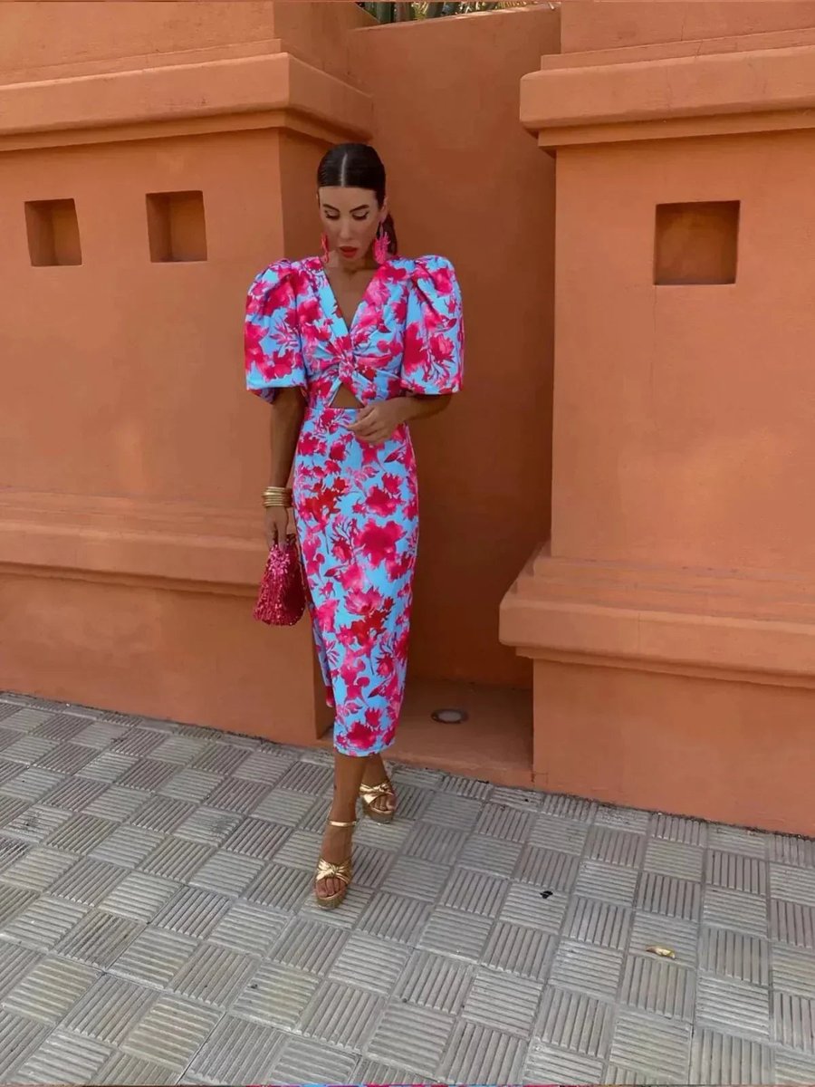 Women's Puff-Sleeve V-Neck Formal & Evening Dress Abstract Print Maxi - Pink