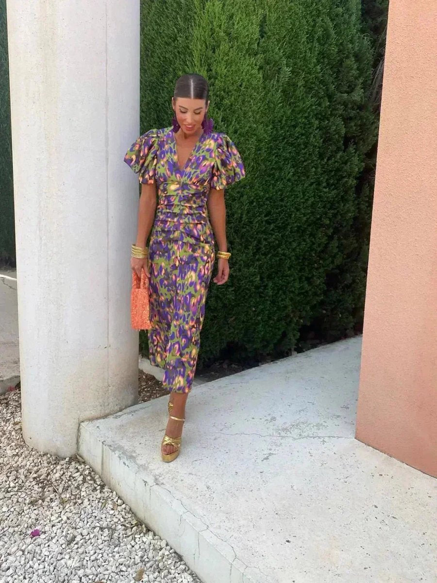 Women's Puff-Sleeve V-Neck Formal & Evening Dress Abstract Print Maxi - Multicolour