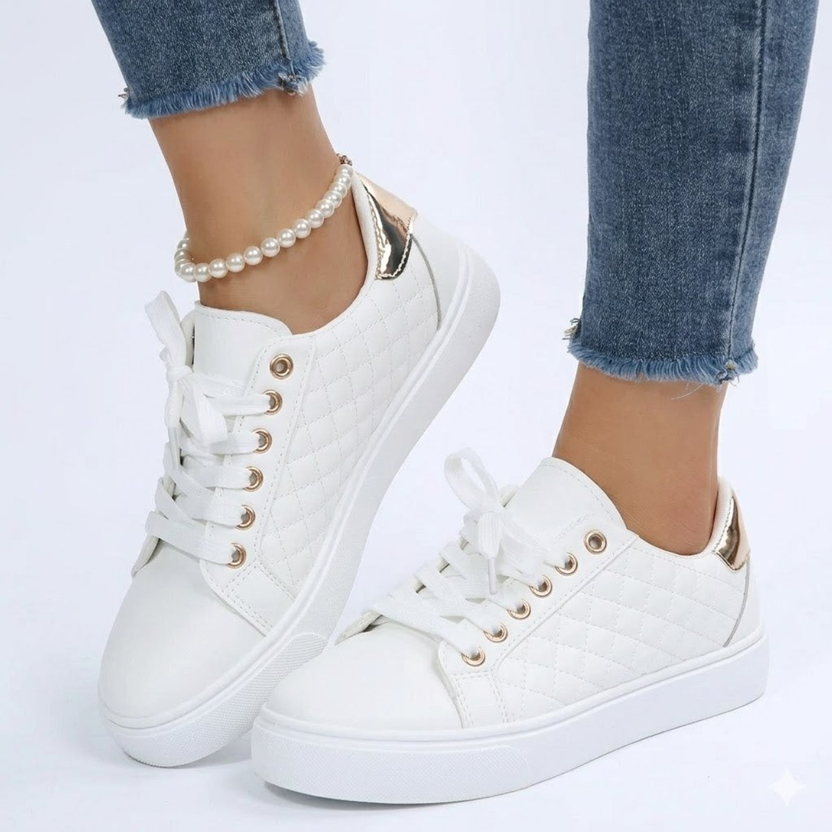 Women's Quilted Lace-Up Comfort Sneakers Low-Top PU Leather - White