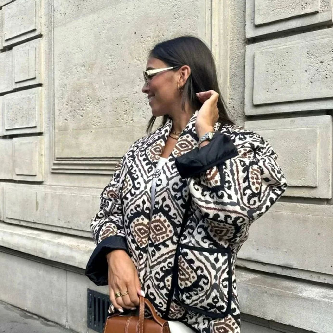 Women's Quilted Wide-Sleeve Oversized Patterned Jacket