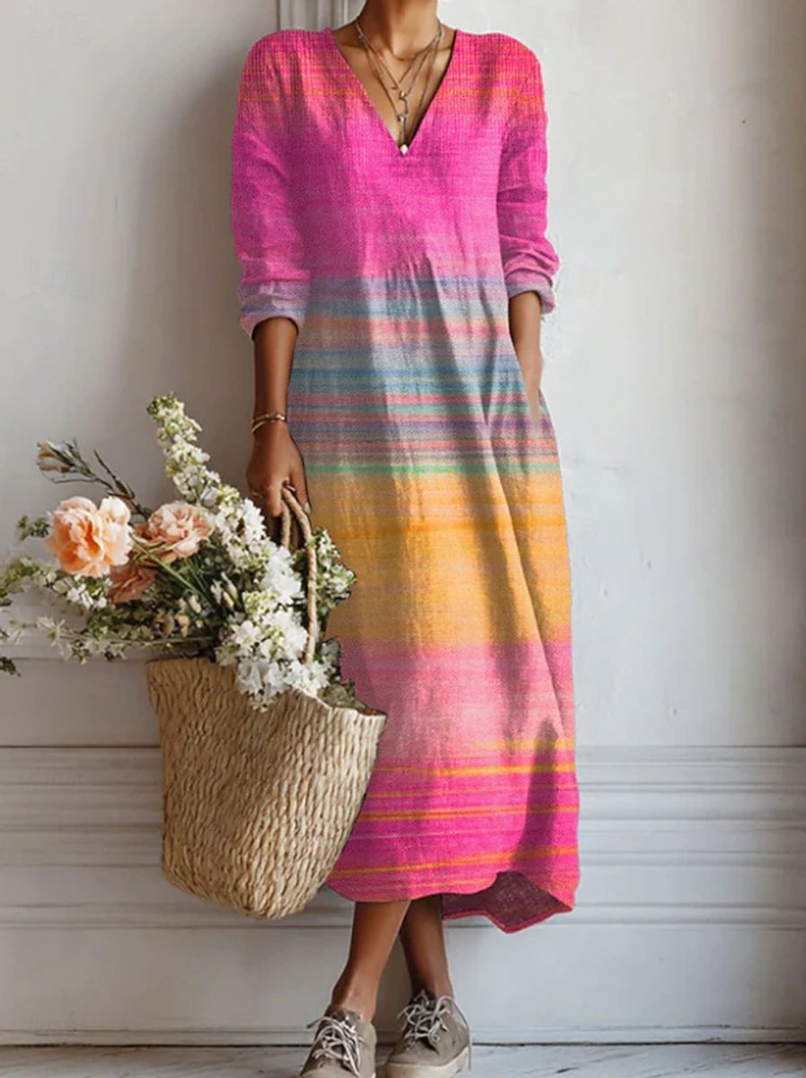 Women's Rainbow Striped Long Sleeve V-Neck Midi Dress - Dress