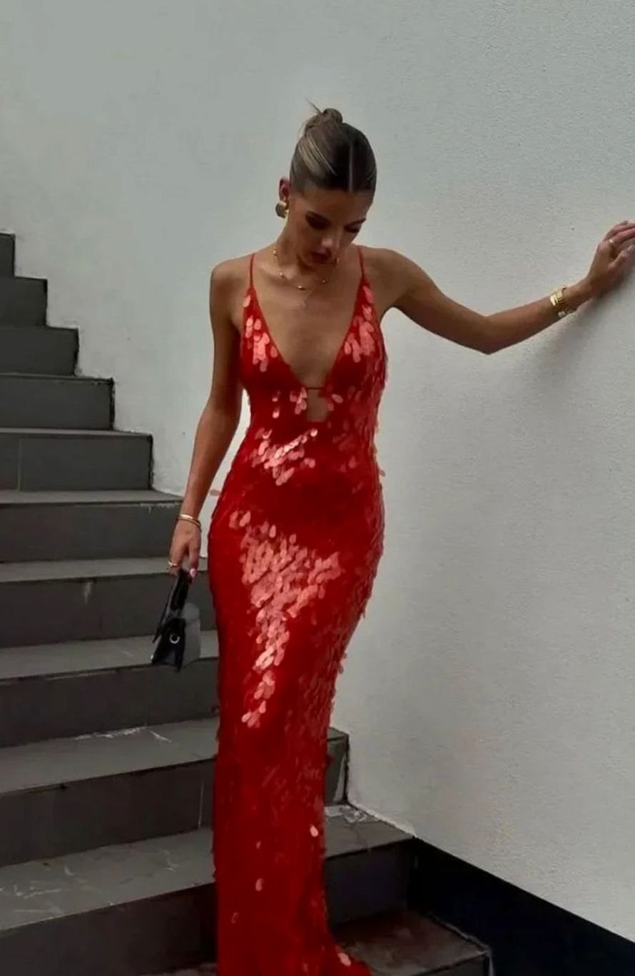 Women's Red Sequin Dress Deep V-Neck Maxi Gown - Red