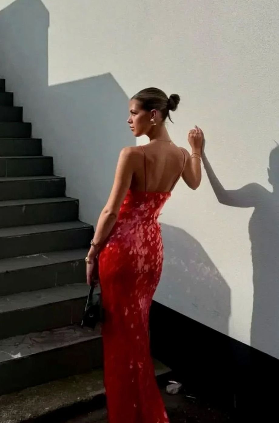 Women's Red Sequin Dress Deep V-Neck Maxi Gown