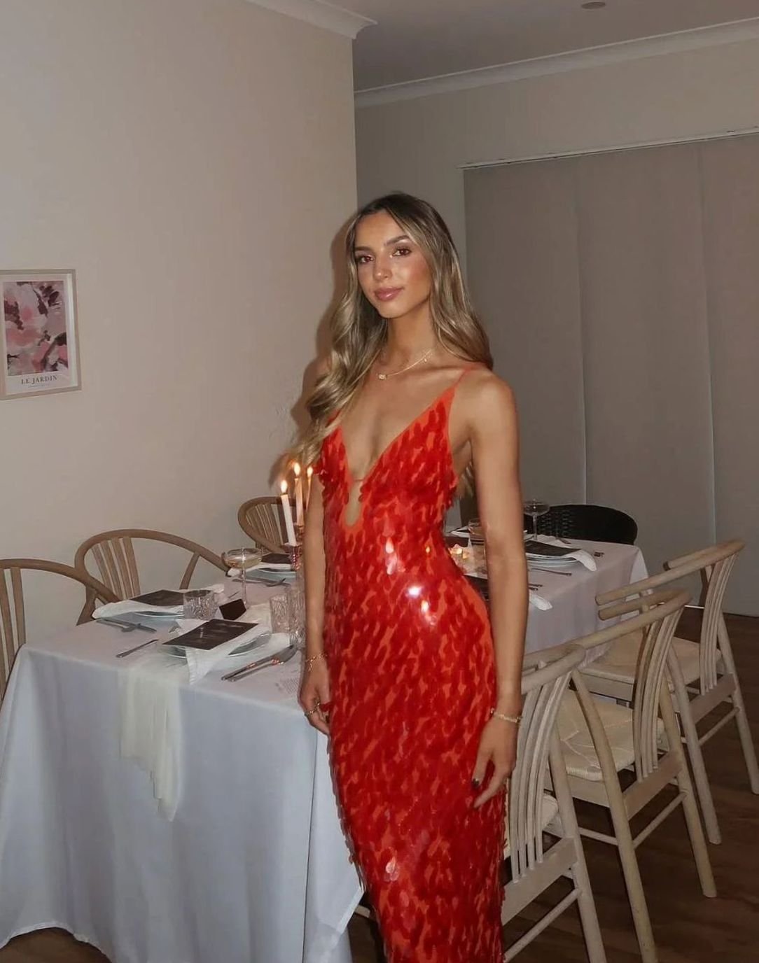 Women's Red Sequin Dress Deep V-Neck Maxi Gown