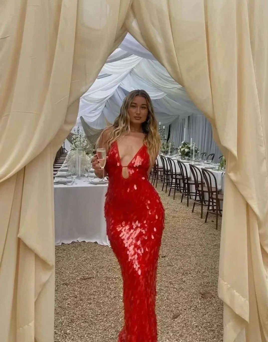 Women's Red Sequin Dress Deep V-Neck Maxi Gown