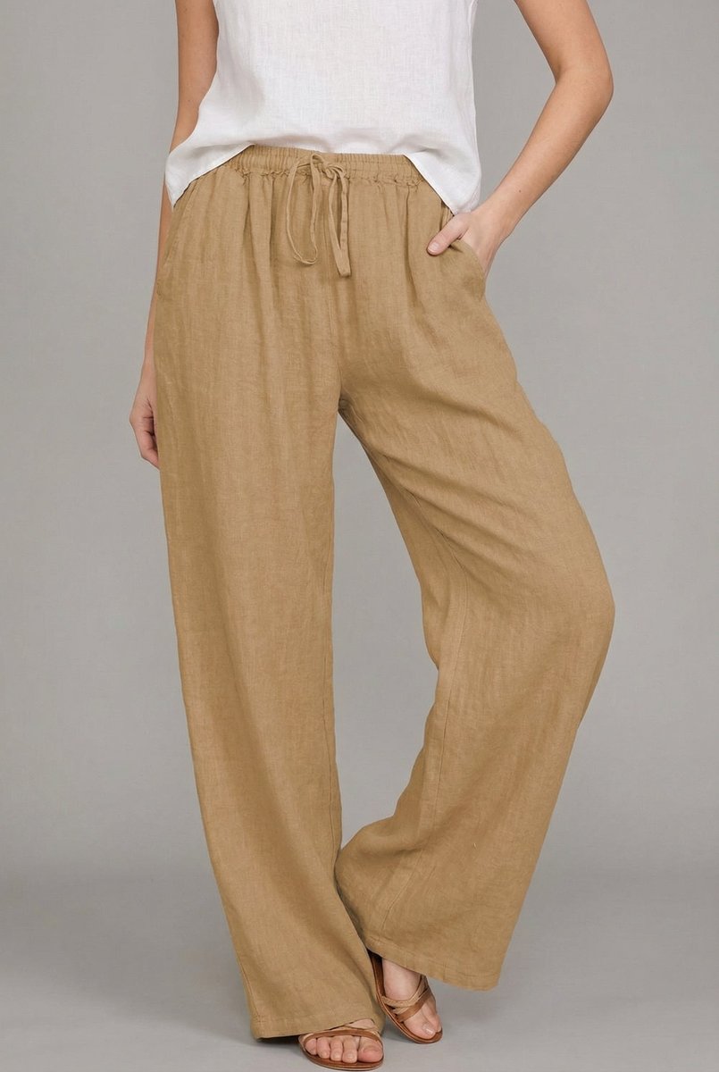 Women's Relaxed Drawstring Linen Wide Leg Pants - Khaki