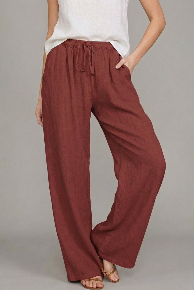 Women's Relaxed Drawstring Linen Wide Leg Pants - Wine Red