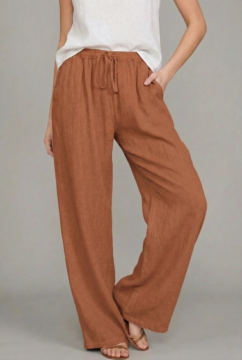 Women's Relaxed Drawstring Linen Wide Leg Pants - Orange