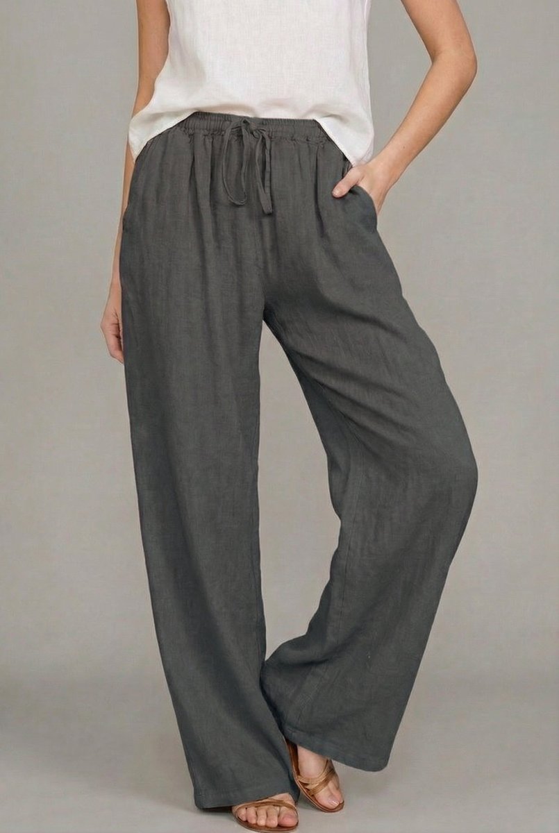 Women's Relaxed Drawstring Linen Wide Leg Pants - Dark gray