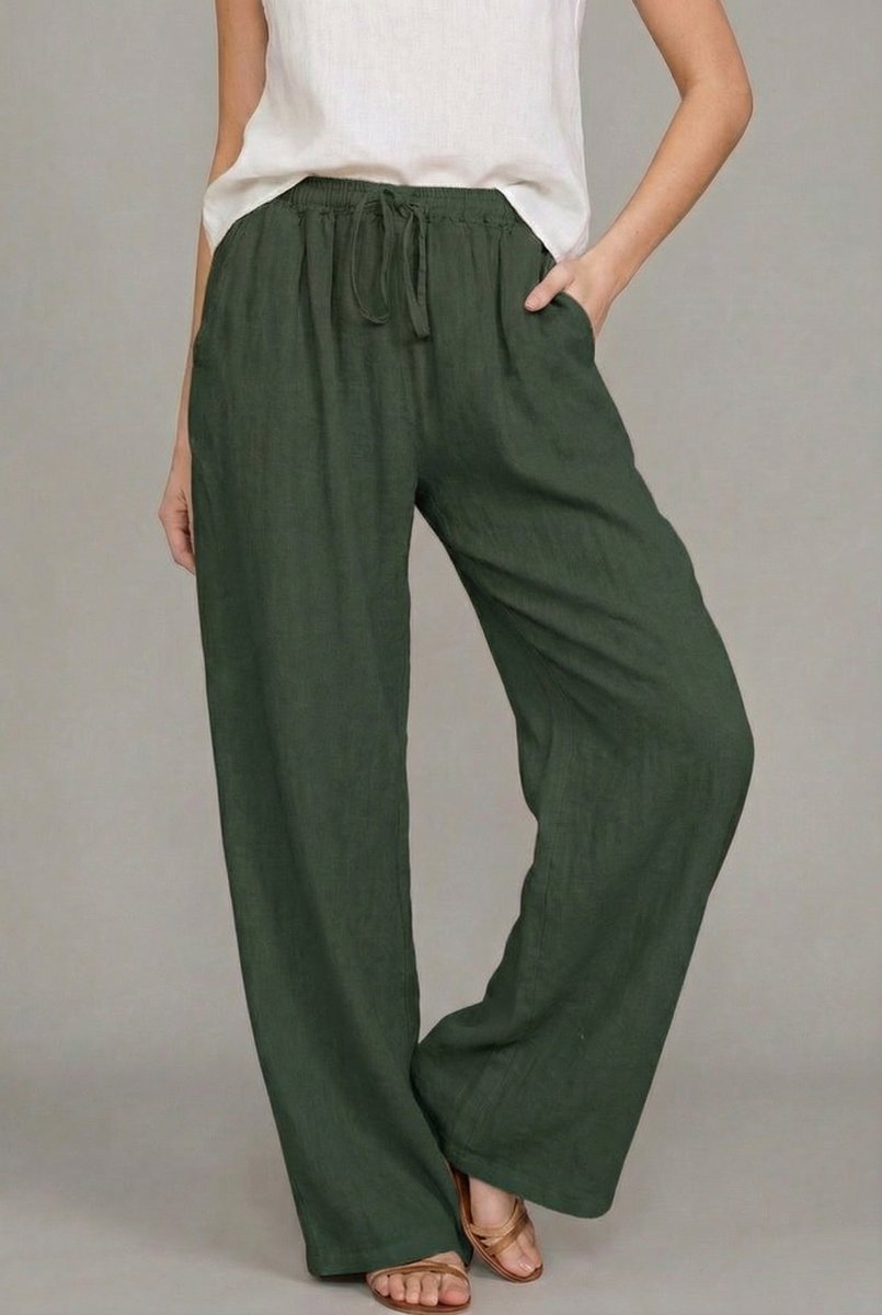Women's Relaxed Drawstring Linen Wide Leg Pants - Green