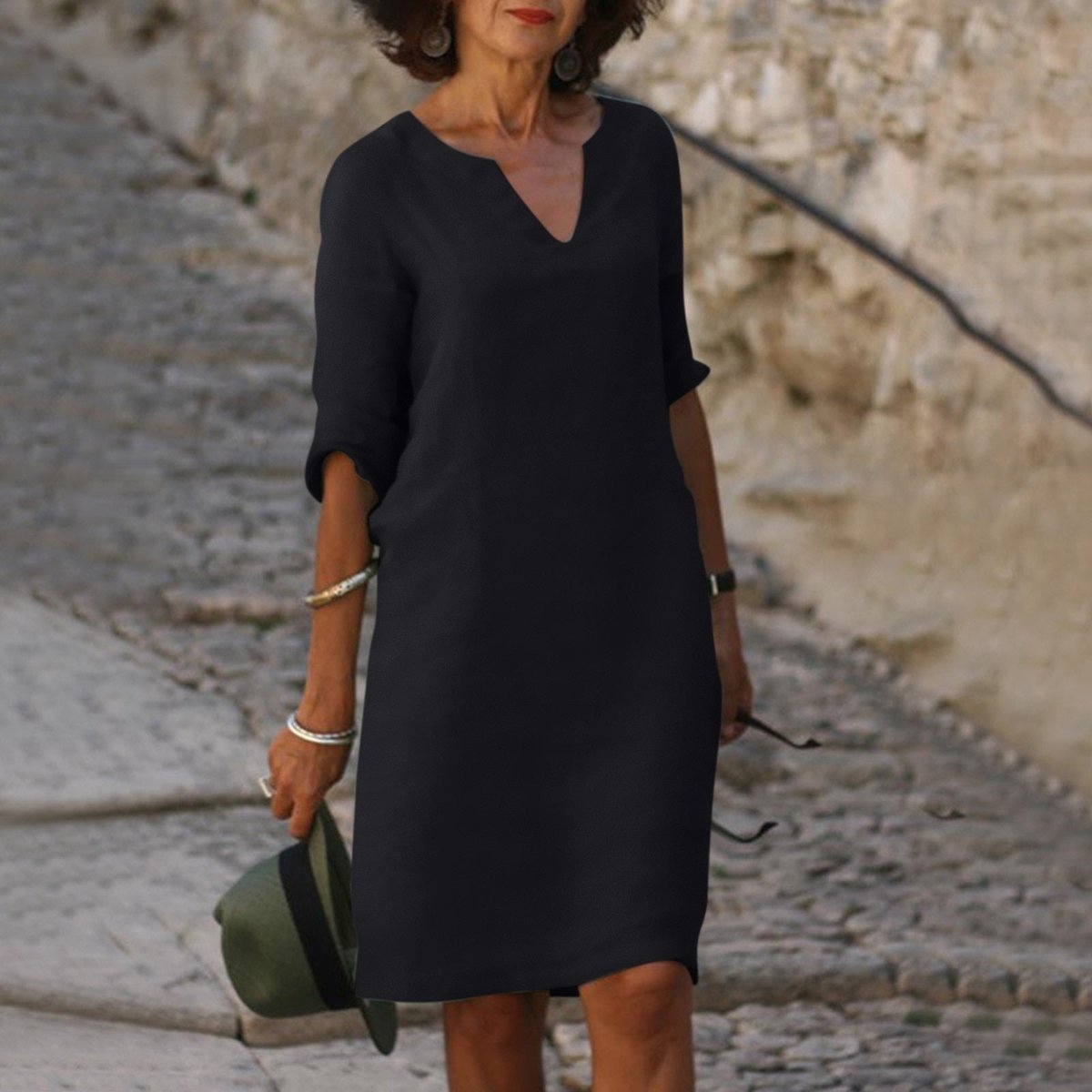 Women's Relaxed-Fit 3/4 Sleeve Midi V Neck Dress - Black