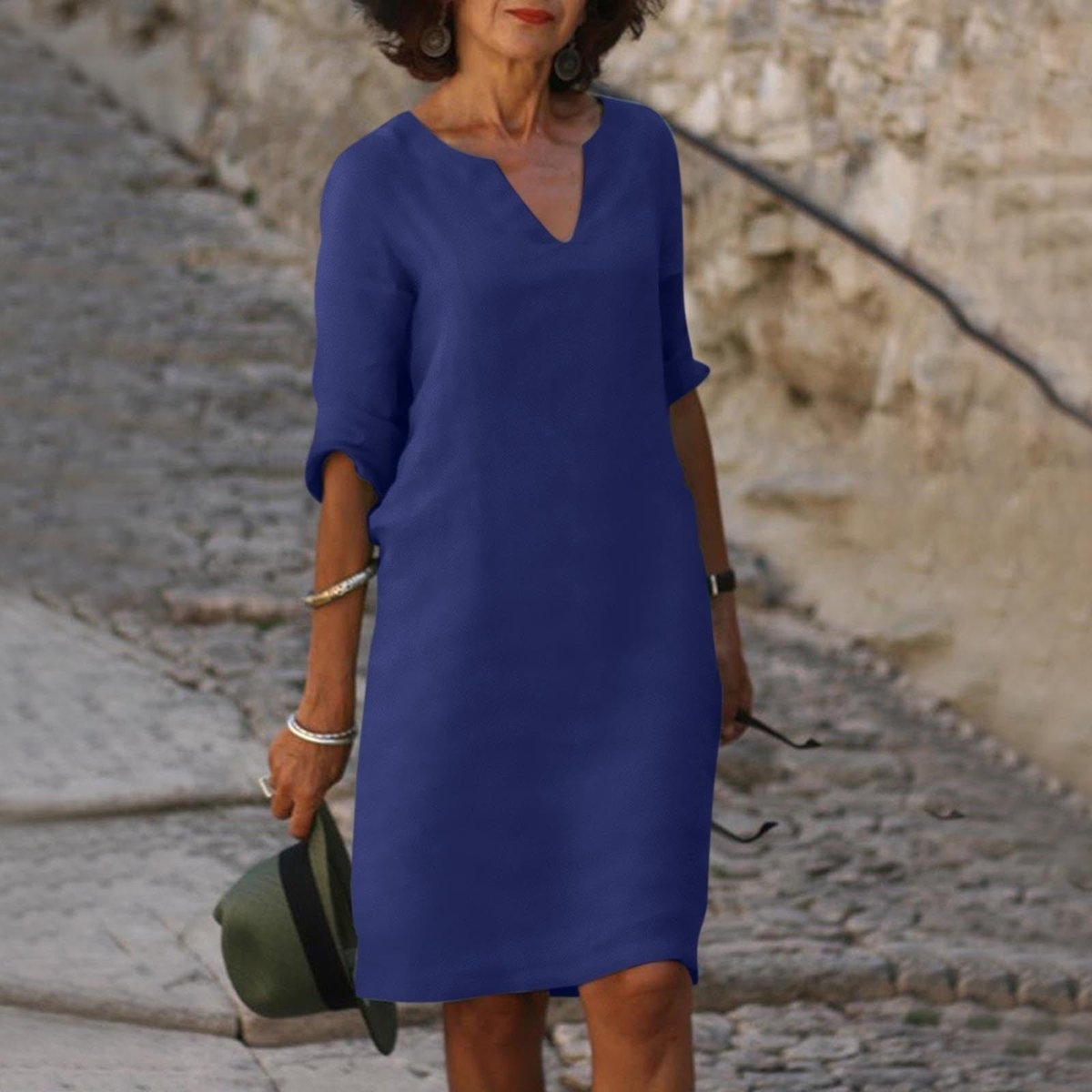 Women's Relaxed-Fit 3/4 Sleeve Midi V Neck Dress - Navy Blue