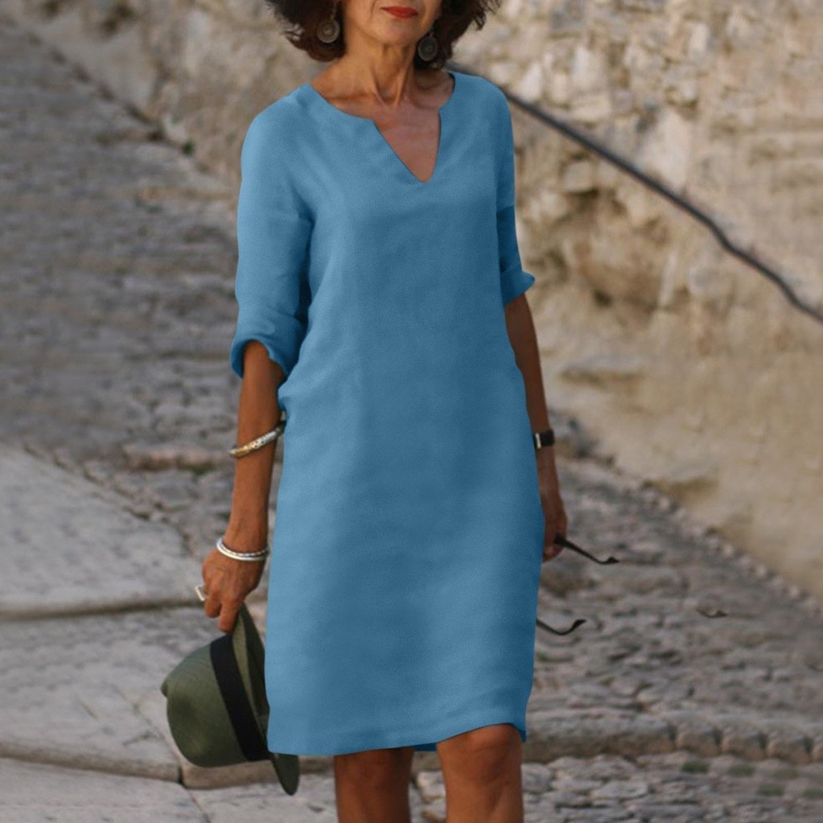 Women's Relaxed-Fit 3/4 Sleeve Midi V Neck Dress - Light Blue