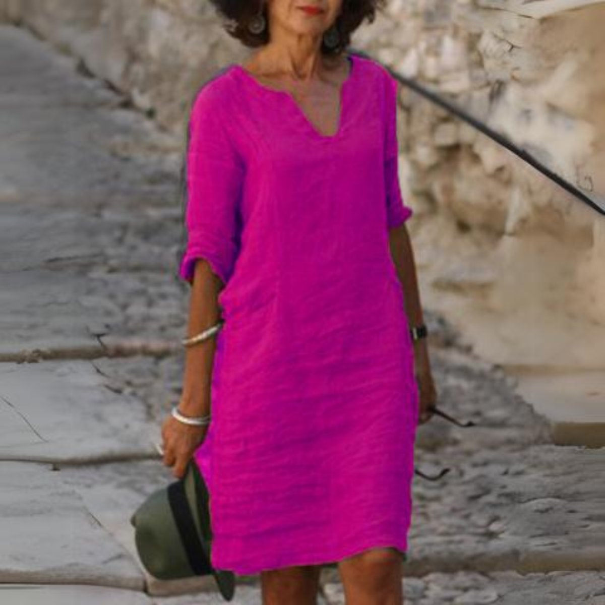 Women's Relaxed-Fit 3/4 Sleeve Midi V Neck Dress - Pink