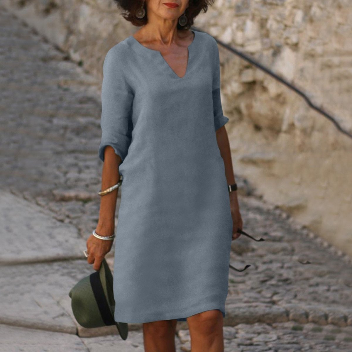 Women's Relaxed-Fit 3/4 Sleeve Midi V Neck Dress