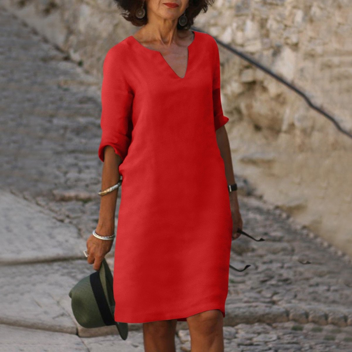 Women's Relaxed-Fit 3/4 Sleeve Midi V Neck Dress - Red