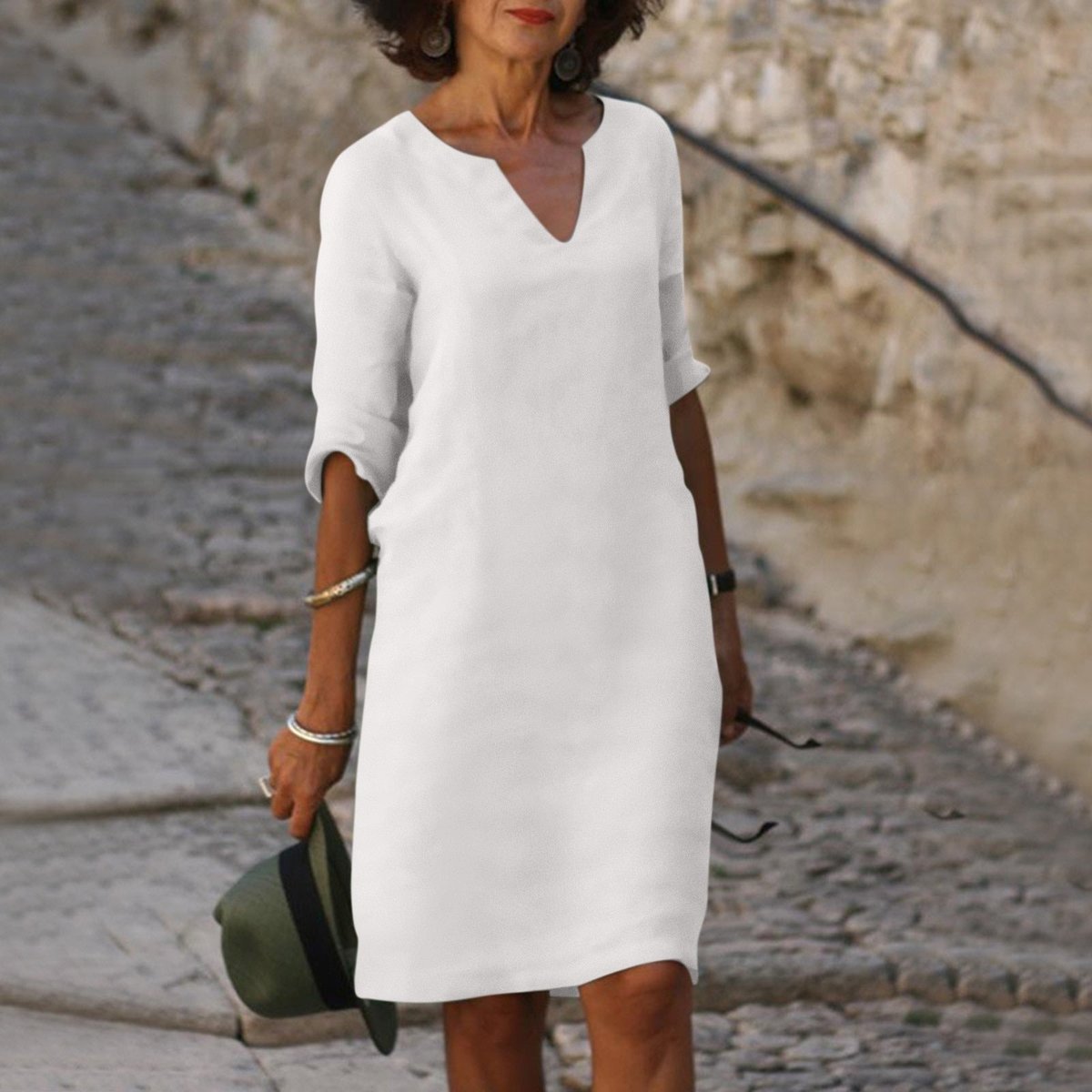 Women's Relaxed-Fit 3/4 Sleeve Midi V Neck Dress - White
