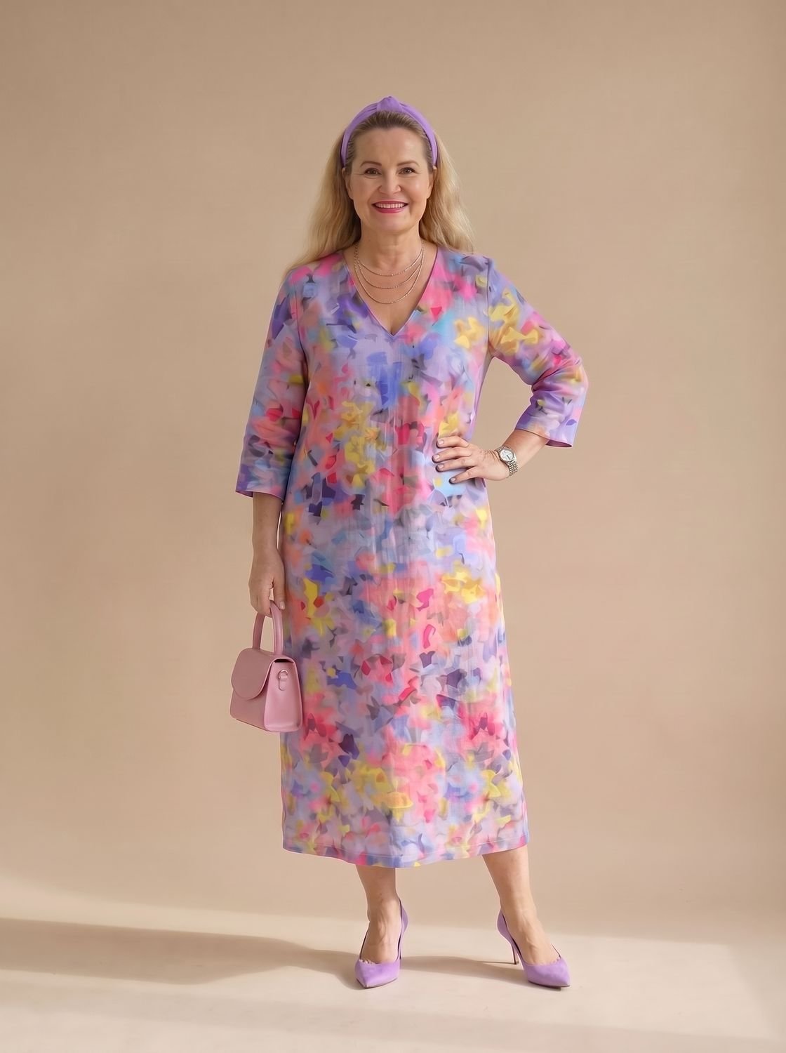 Women's Relaxed-Fit Abstract Floral Midi Dress Three-Quarter Sleeves