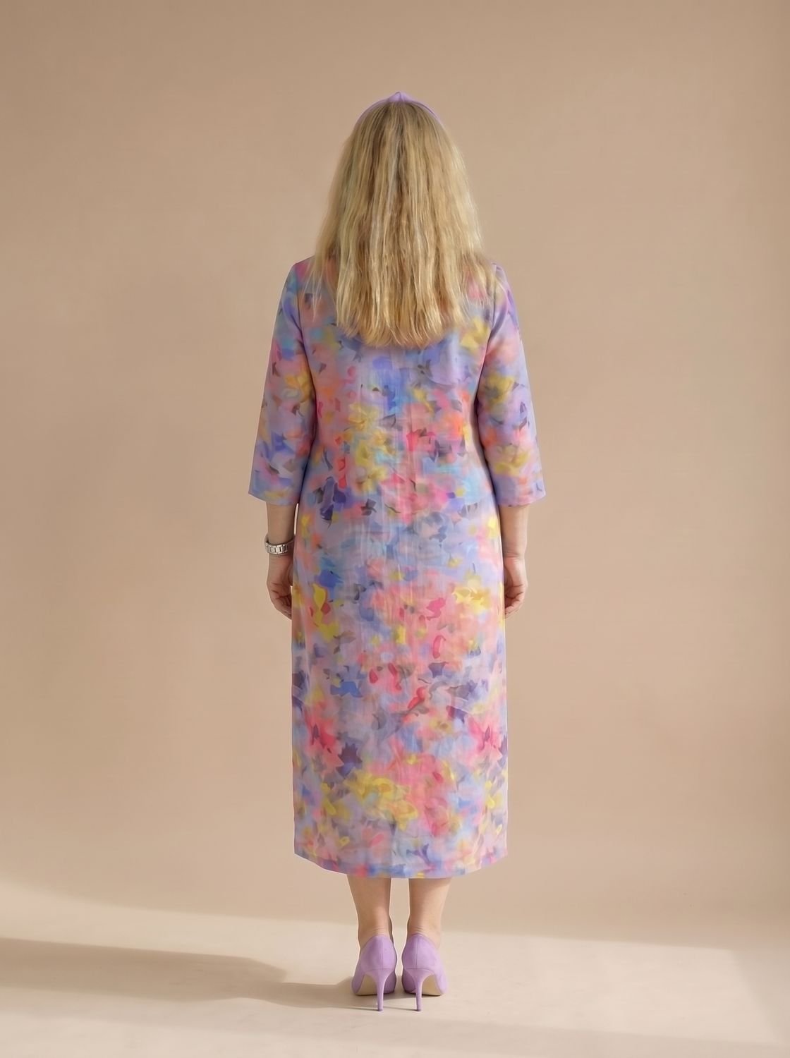 Women's Relaxed-Fit Abstract Floral Midi Dress Three-Quarter Sleeves