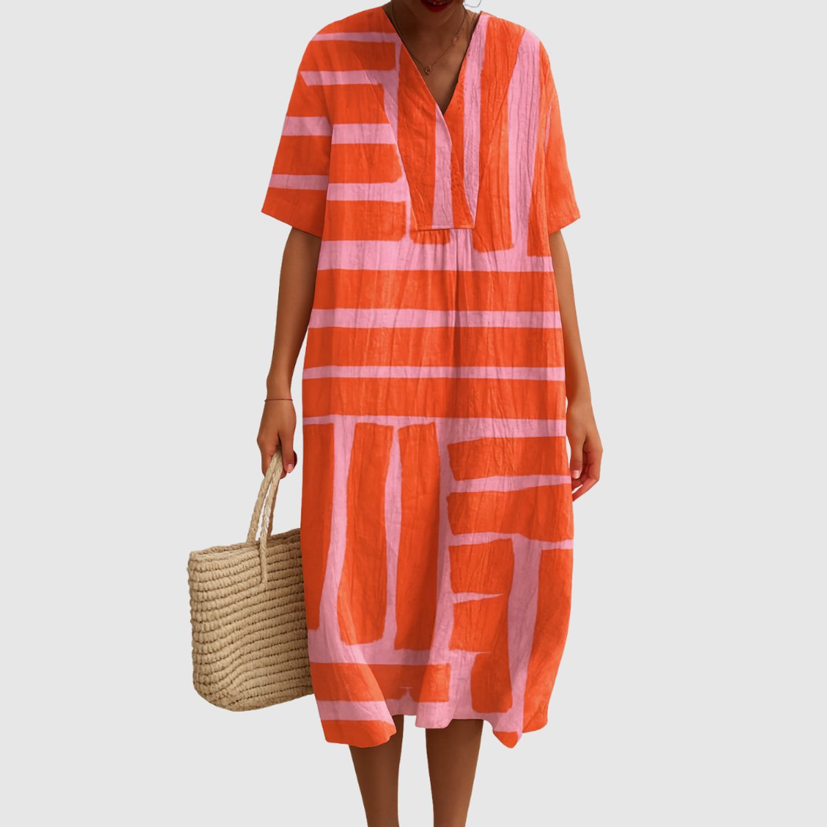 Women's Relaxed-Fit Abstract Striped V Neck Dress Midi