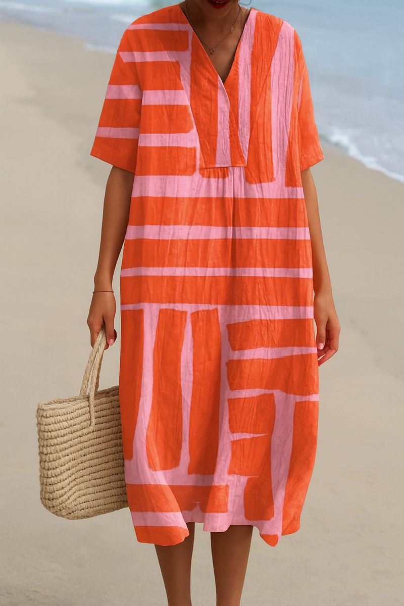 Women's Relaxed-Fit Abstract Striped V Neck Dress Midi - Orange