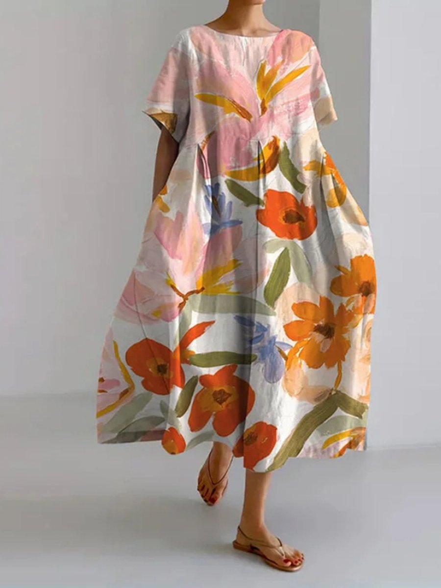 Women's Relaxed-Fit Artistic Floral Dress Short-Sleeve Maxi - A
