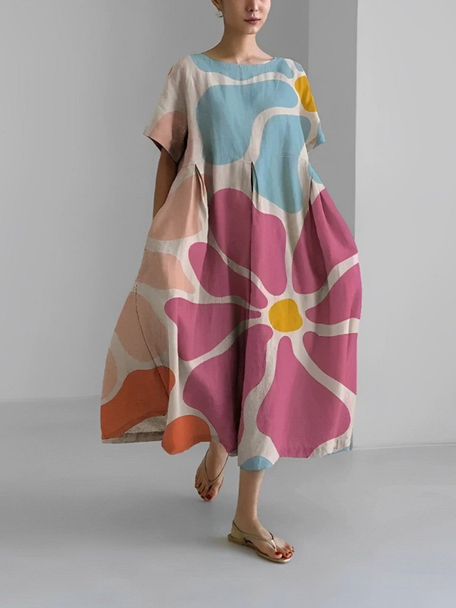 Women's Relaxed-Fit Artistic Floral Dress Short-Sleeve Maxi - B