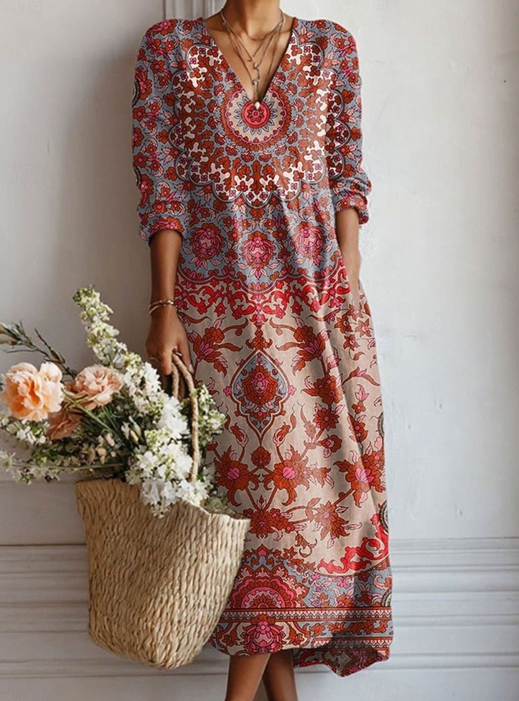 Women's Relaxed-Fit Boho Aztec Print Long-Sleeve Maxi Day Dress - Wine Red