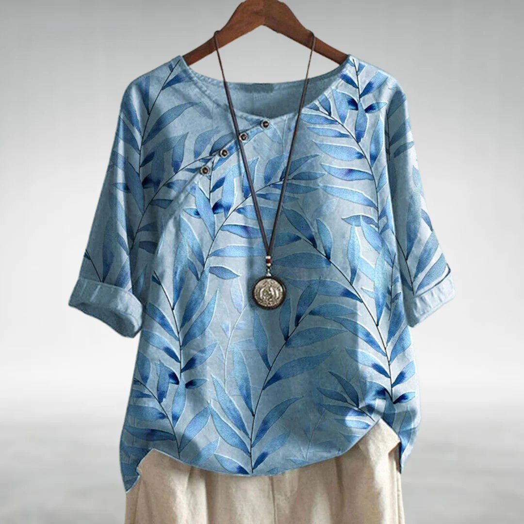 Women's Relaxed-Fit Botanical Print Linen Top - Blue