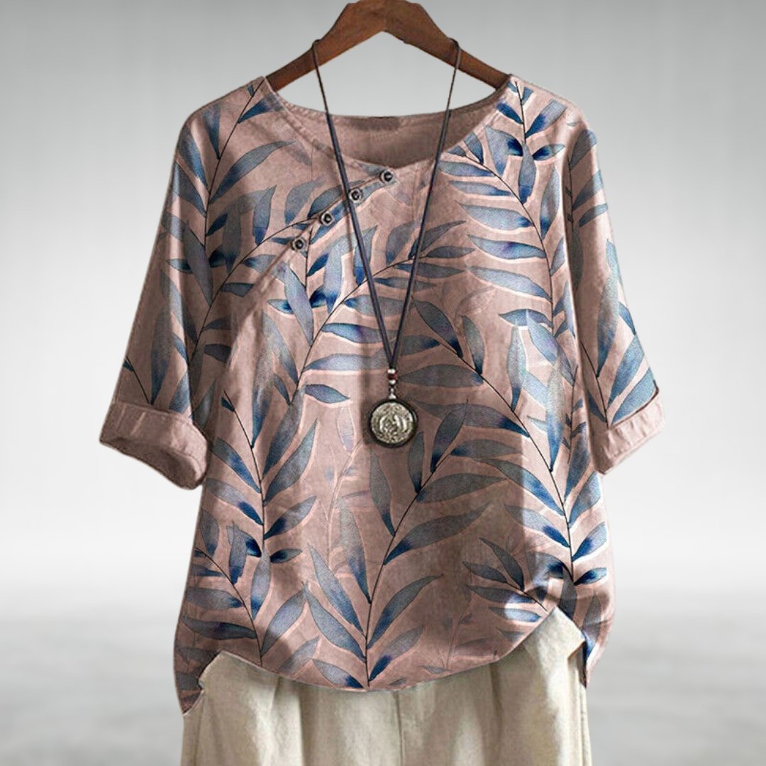 Women's Relaxed-Fit Botanical Print Linen Top - Pink