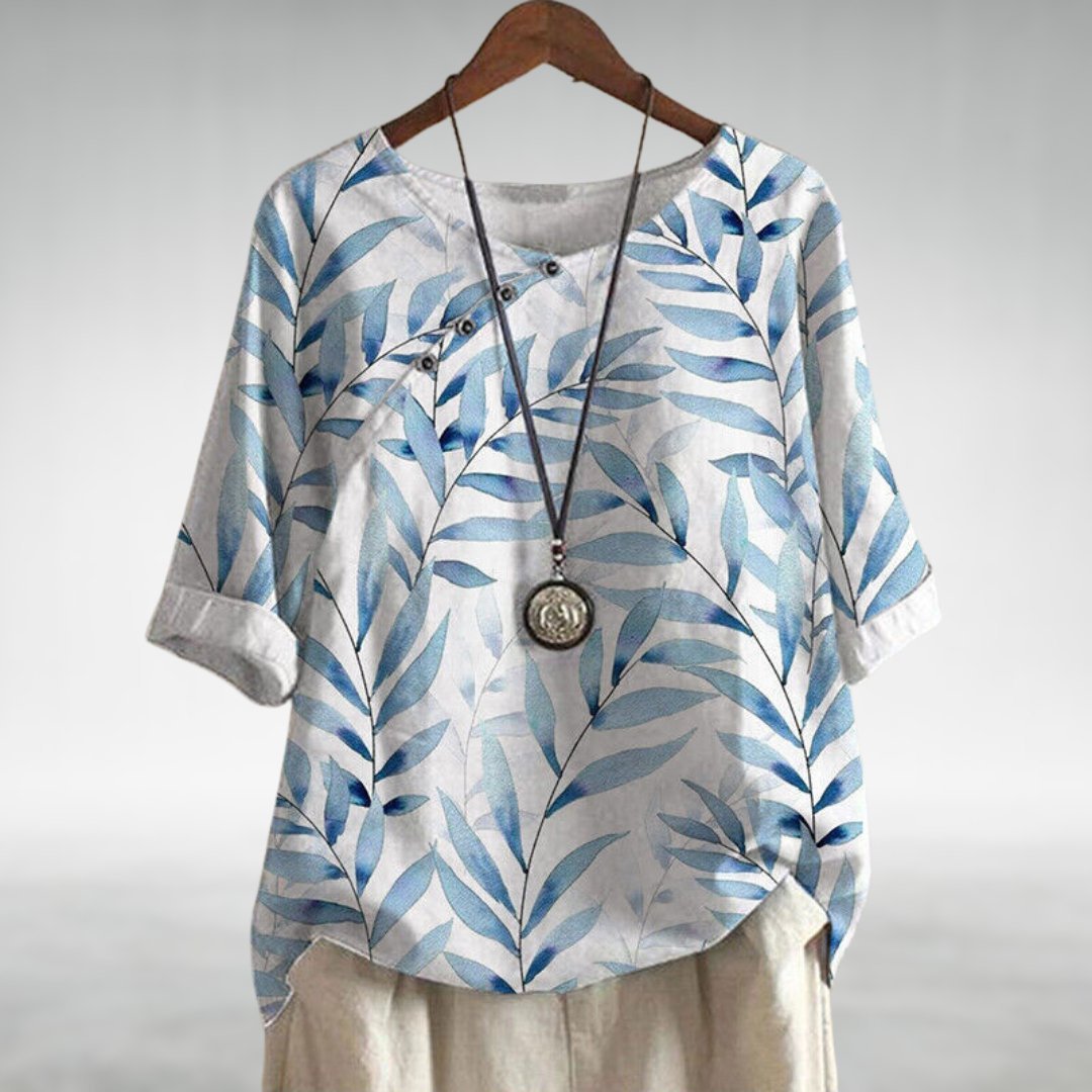 Women's Relaxed-Fit Botanical Print Linen Top - White