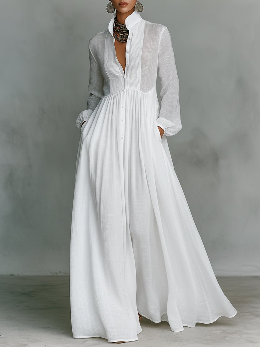 Women's Relaxed-Fit Button-Front Long-Sleeve Linen Maxi Dress - White