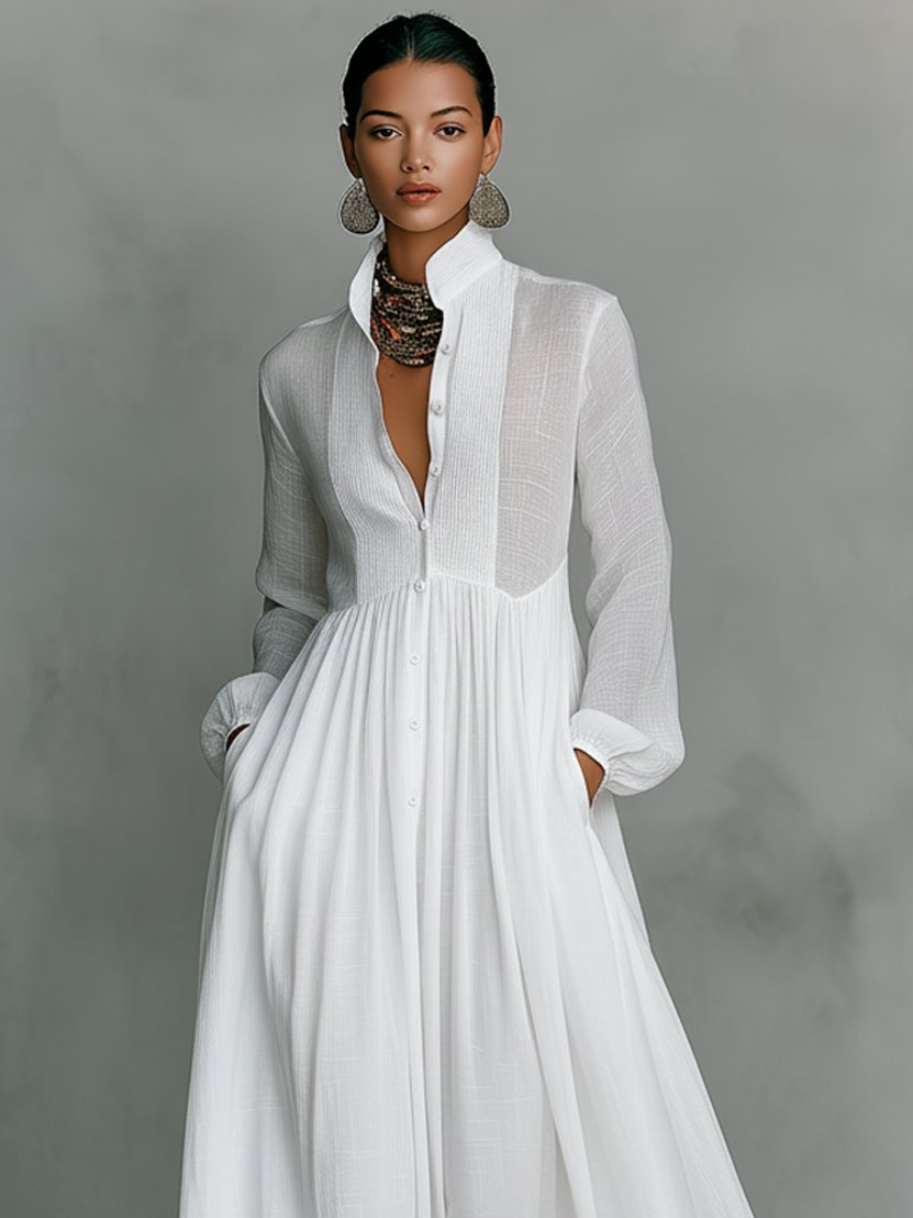 Women's Relaxed-Fit Button-Front Long-Sleeve Linen Maxi Dress