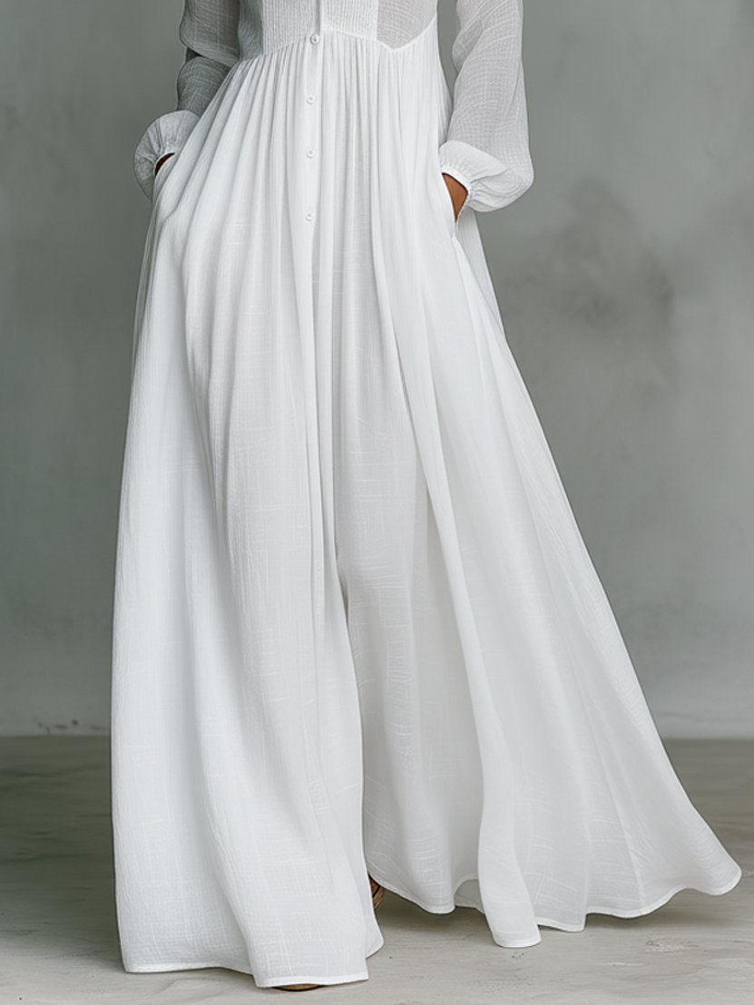 Women's Relaxed-Fit Button-Front Long-Sleeve Linen Maxi Dress