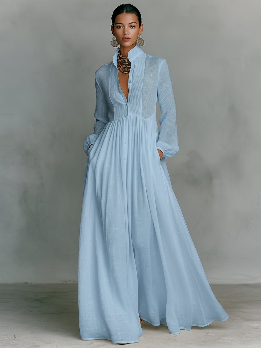Women's Relaxed-Fit Button-Front Long-Sleeve Linen Maxi Dress - Blue