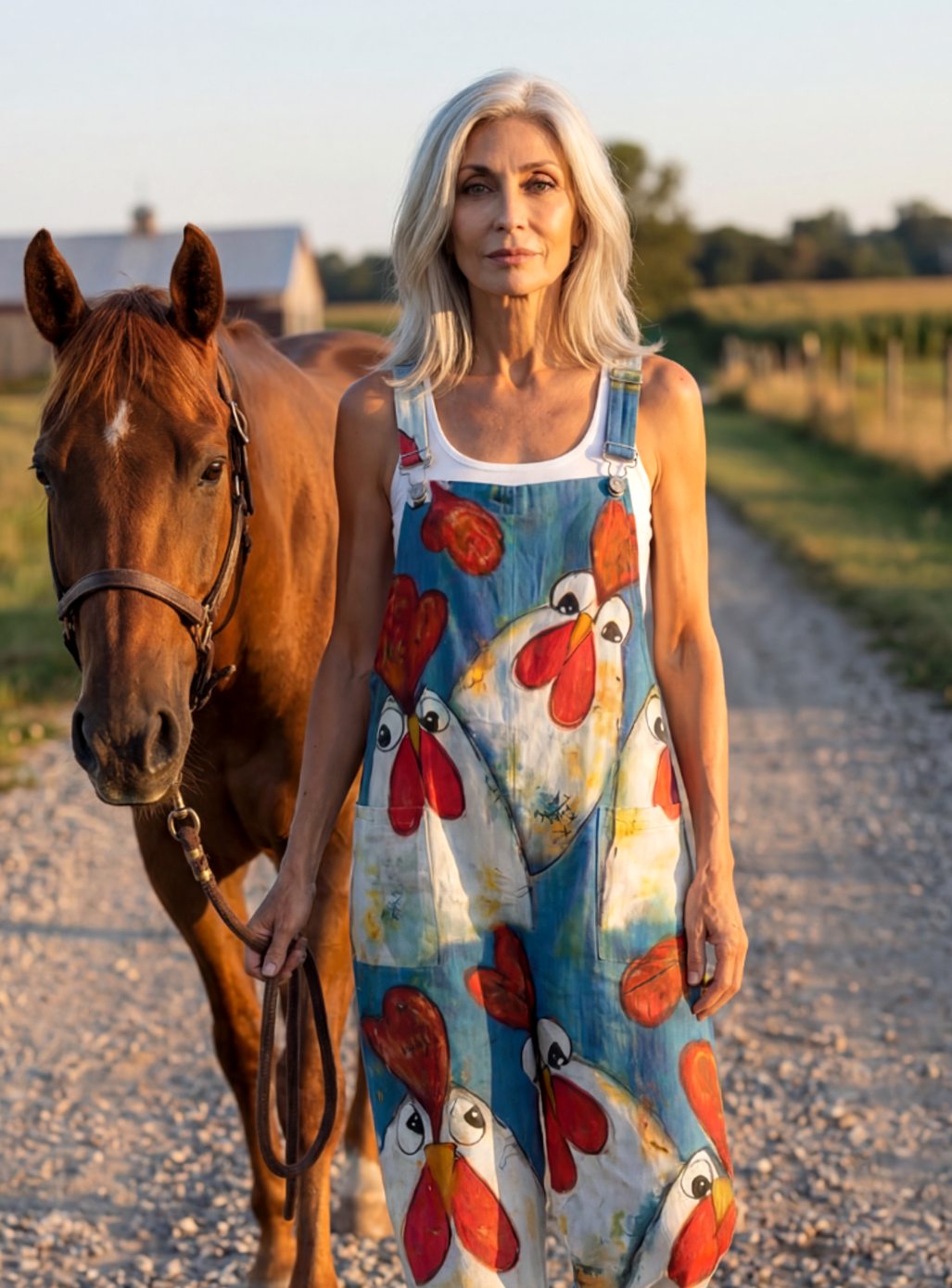 Women's Relaxed-Fit Chicken-Print Sleeveless Dungaree Jumpsuit