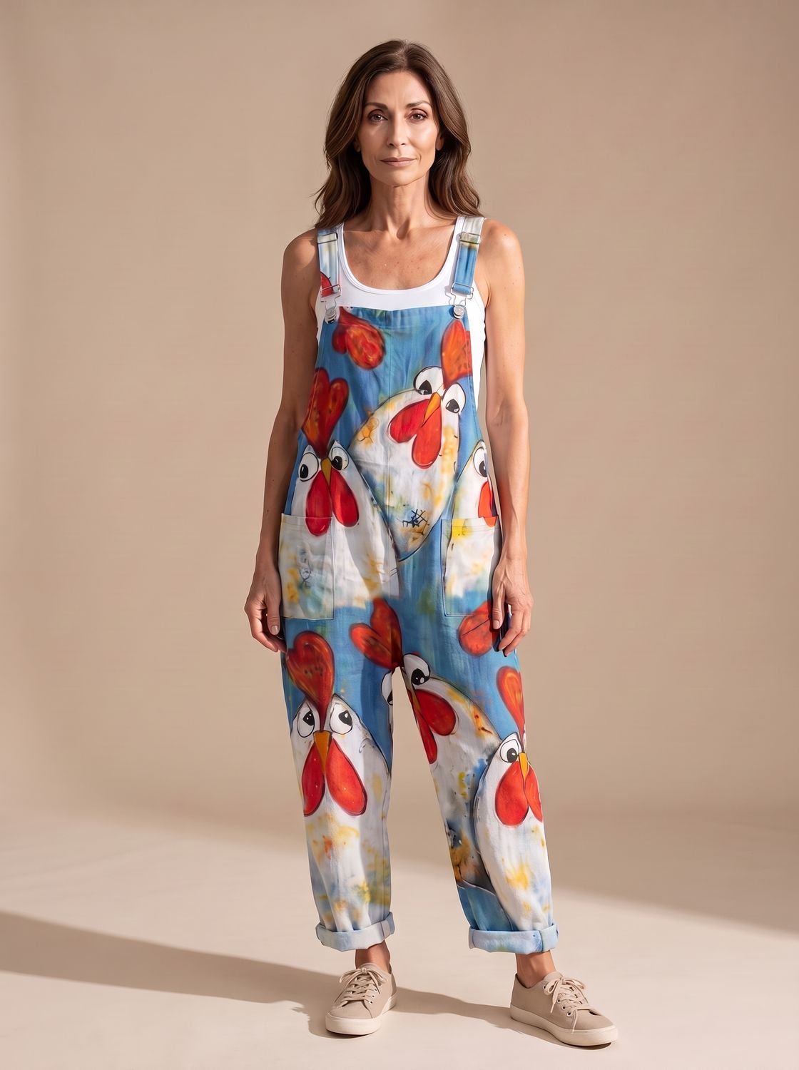 Women's Relaxed-Fit Chicken-Print Sleeveless Dungaree Jumpsuit