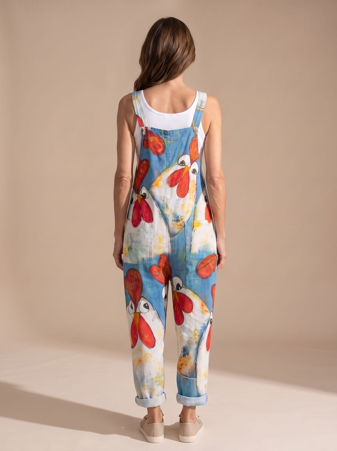 Women's Relaxed-Fit Chicken-Print Sleeveless Dungaree Jumpsuit